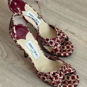 Jimmy Choo “Macy” Burgundy Printed Satin Open Toe Heels w/ Ankle Strap - EU 39
